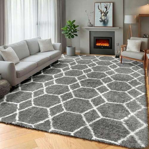 ONASAR 5x7 Area Rugs for Living Room Bedroom, Fluffy Grey and White Faux Fur Bedside Rug, Geometric Boho Soft Plush Shaggy Floor Carpet Mat for Nursery Kids Girls Teen Dorm Home Decor