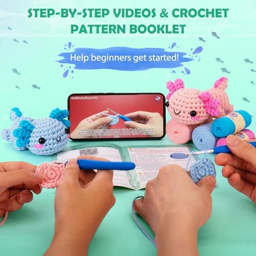 Image of Crochetta Crochet Kit for Beginners, Beginner Crochet Starter Kit w Step-by-Step Video Tutorials, Learn to Crochet Kits for Adults Women Men, DIY Knitting Supplies, Axolotls (Blue and Pink)