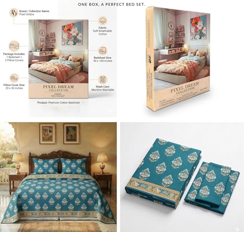 Image of VAS COLLECTIONS 240 TC Cotton Double Bedsheet with 2 Pillow Covers (90x100 Inch) Soft Breathable Skin Friendly Jaipuri Printed King Size Bedding Set for Bedroom Decor (Mughal Buti Print)