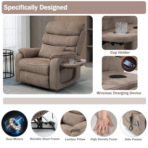 Power Lift Recliner Chair for Adults Elderly Lay Flat Velvet Recliners with Massage Heating, Extended Footrest, Wireless Charging Device, USB Ports, Cup Holder, Lumbar Pillow