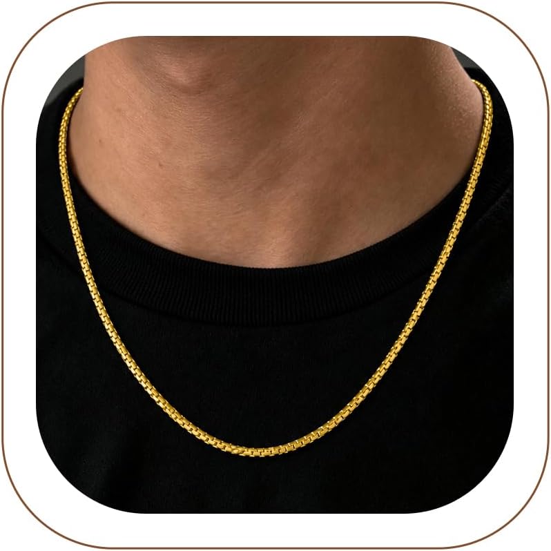 FaithHeart Mens Black/Silver/Gold Stainless Steel Flat Box Link Chain Necklace, Stylish 2/4/6/8mm Width Chains Necklaces Non Tarnish Hip Hop Chain Gifts for Him,14"-30" Length