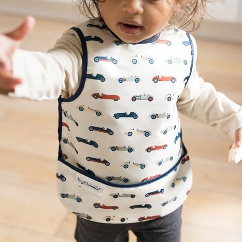 Image of Tiny Twinkle Mess Proof Baby Bib for Girls | Waterproof Toddler Bib for Eating | Baby Apron for Feeding | Machine Washable | Perfect Shower Gift (Vintage Cars, 6-24M)