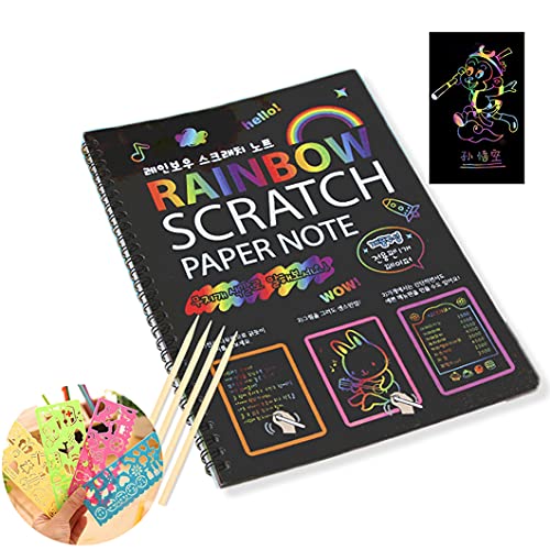 スクラッチアート キッズと大人向けのスクラッチ＆スケッチアートペーパー 4スクラッチドローイングペン 4つのペイントテンプレート 子供のためのDIY子供用手作りレインボーペインティング