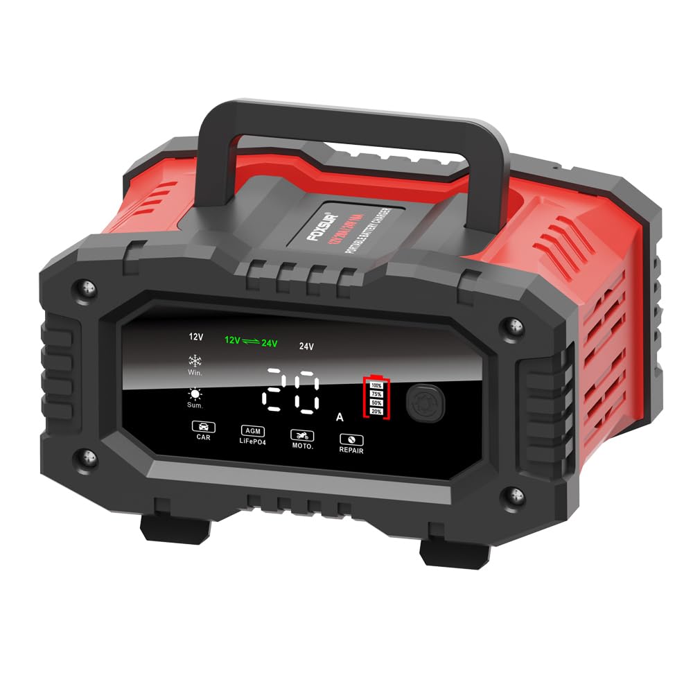 W pełni automatyczna ładowarka FOXSUR 300 W 12 V 20 A i 24 V 10 A Przenośna ładowarka podtrzymująca i konserwator akumulatorów z wyświetlaczem LCD do samochodów ciężarowych SUV,