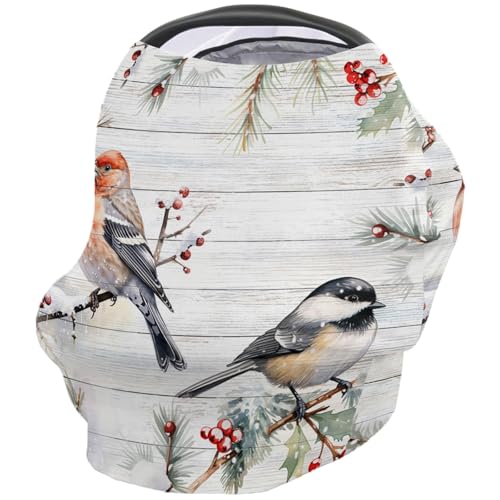 Nursing Cover for Breastfeeding Scarf, Christmas Bird Red Berries Pine Needles Branch Wooden Baby Car Covers Super Soft Multi Use for Canopy Shopping Cart Cover Blanket Stroller Cover