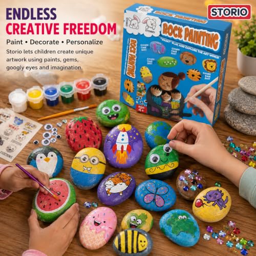 Image of Storio Rock Painting Kit with Googly Eyes, Gems, Water Colours, Arts and Crafts Activity Set for Kids 4+ Years, Gift for Boys and Girls, Multicolor
