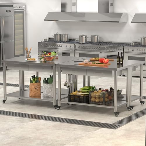 Image of Stainless Steel Work Table with Drawers, 48 inchx24 inch Prep Table for Commercial Kitchen, Heavy-Duty Workbench Worktable Rolling Kictchen Island with Wheels for Home Kitchen and Restaurant