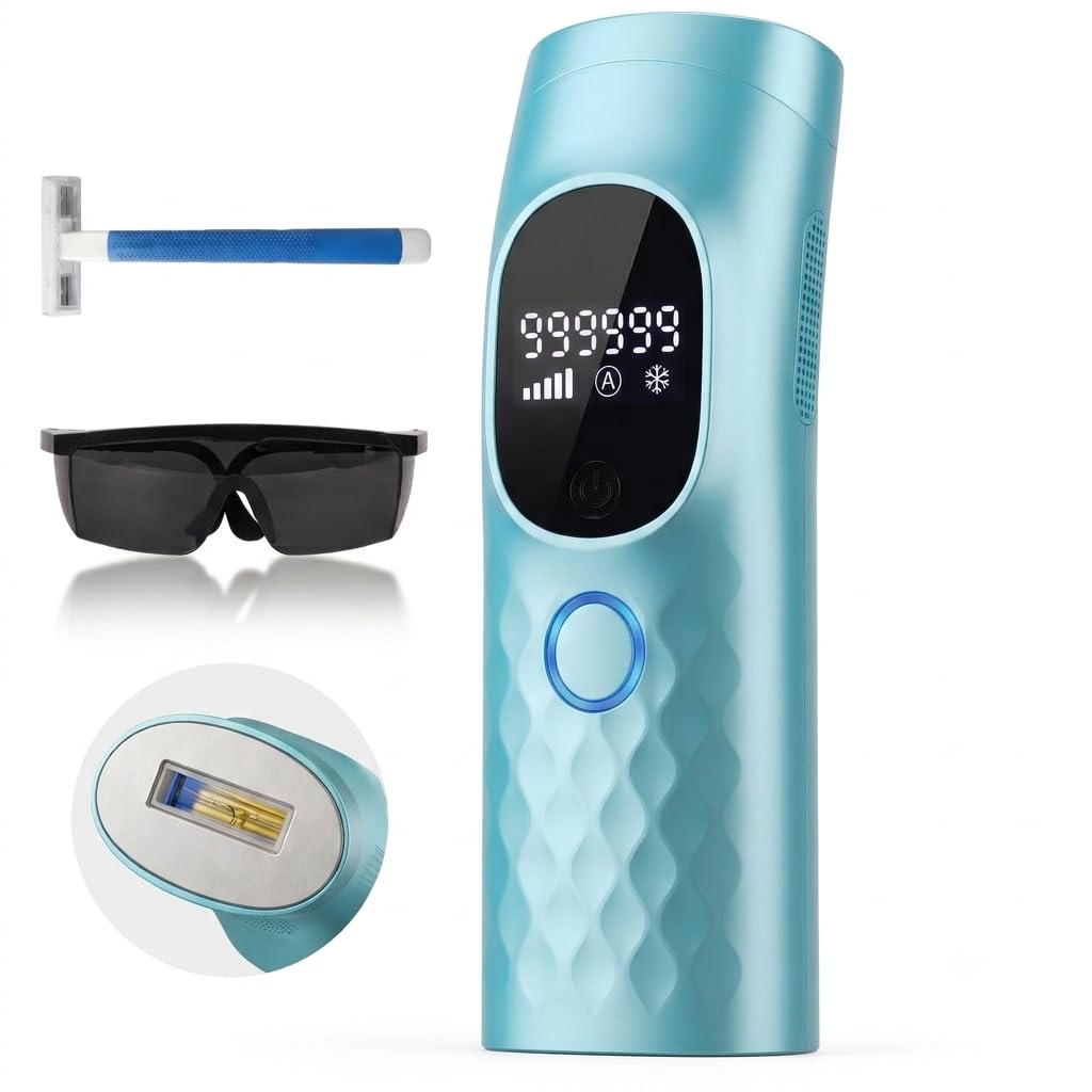IPL Laser Hair Removal with Painless Ice Cooling 999,999 Flashes Blue | Permanent Hair Removal Device, Auto& Manual Modes, for Women/Men, At-Home, 5 Power Levels, Portable and Corded
