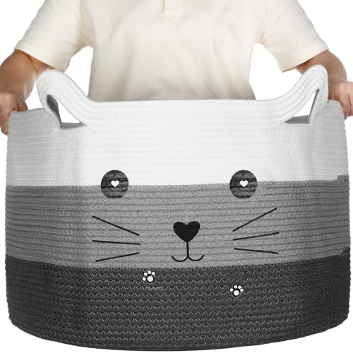 Image of Zopeal Cat Basket Storage Woven Organizer with Ears Easter Decorative Gift Pet Toy Cute Cotton Rope Basket for Gift Cat Dog Toy Bin Nursery Room(21.7 x 13.8 Inch,White, Light Gray and Gray)