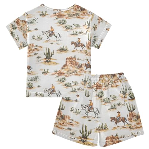ALAZA Western Cowboy Cactus Pajamas Set Short Sleeve Cotton Sleepwear Summer Pjs 2 Piece 5-14Y2