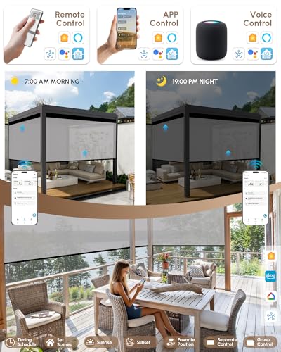 Image of Kincmo Motorized Outdoor Shades for Patio Porch, Custom Outdoor Motorized Blinds with Remote, Waterproof & Windproof Patio Shades Work with Apple Home,Alexa,Google (3%-Openness White Grey)