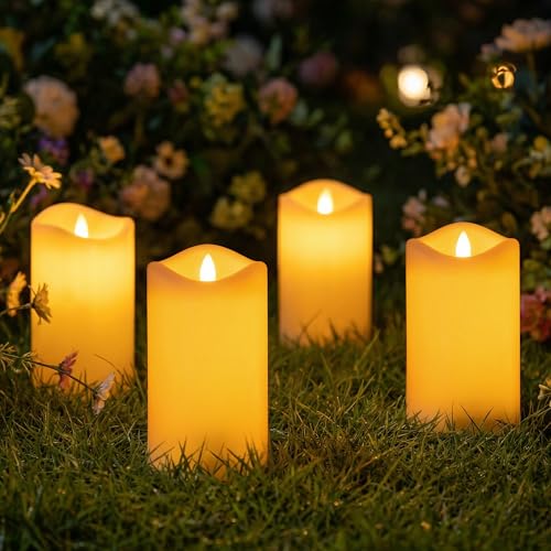 Image of Livinlarge Solar Candles Outdoor Waterproof,3 inchx6 inchFlameless Candle 4 Pack |Solar Pillar LED Votive Candle,Dusk to Dawn,Auto On /Off,IP65 Waterproof for Window,Table,Halloween,Christmas Decor