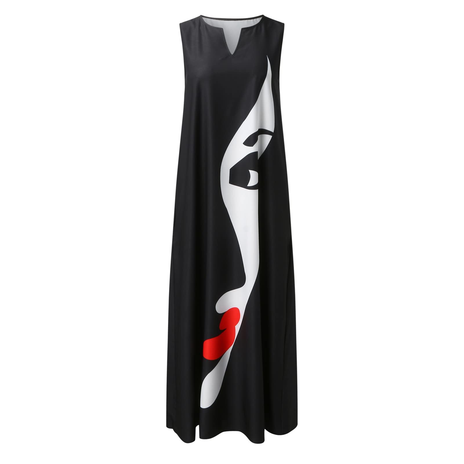 Abito da Gala Abiti Neri da Donna Taglie Forti Donna Estate Casual Senza Maniche Stampa con Scollo a V Maxi Abito Ampio Boho Beach Long Sundress