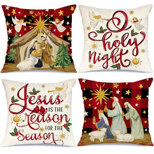 Aacors AA348-18 Christmas Pillow Covers 18 X 18 Inch Set Of 4,Buffalo Plaid O Holy Night Jesus Cardinal Saying Decorations Holiday Farmhouse Winter Throw Pillow Cases Decor cover
