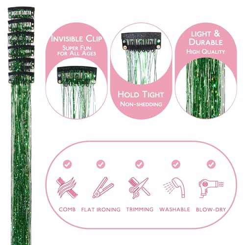 Image of WENNALIFE Hair Tinsel Clip In for Girls Green, 6pcs 24 inch Clips Tinsel Hair Extensions Clip in Colorful Glitter Clips Sparkle Fairy Hair Accessories for Kids