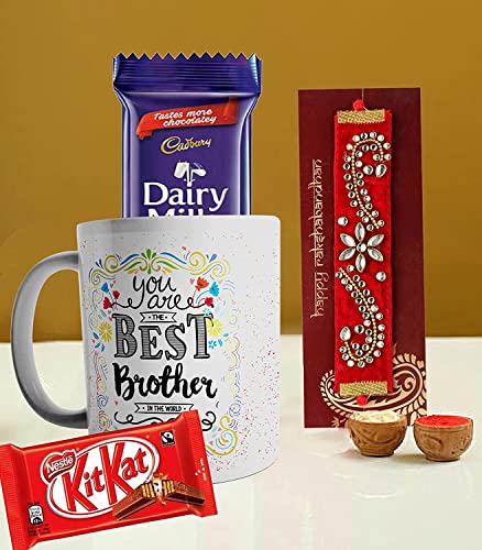 Image of CraftVatika Kundan Rakhi Gift Combo For Brother with Chocolate Mug Set,Premium Elegant Rakhi Hamper For Bhai Men Girls Sister,Best Brother Rakhi Coffee Mug Gift, Rakshabandhan (Design2)