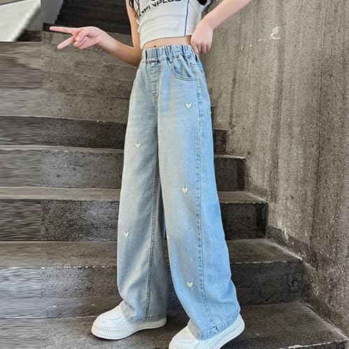 Girls Fashion Cute Embroidered Wide Leg Jeans Elastic Waist Loose Casual Denim Pants with Pockets Comfortable3