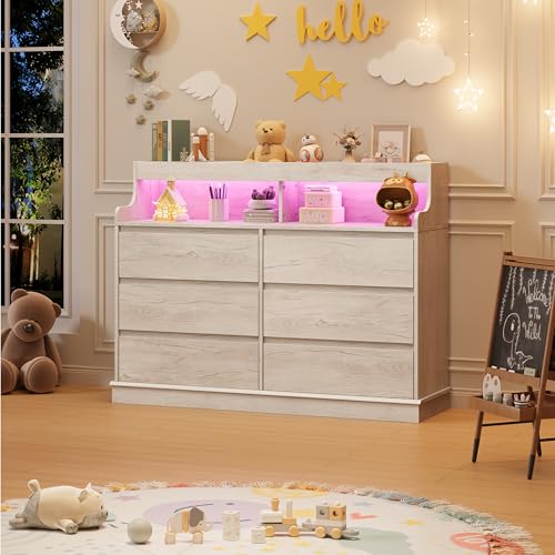 Dresser for Bedroom, 6 Drawer Dresser with LED Lights and Charging Station, Wide Chest of 6 Drawers with Open Space, Modern Large Capacity Storage Cabinet, Living Room, Hallway, Oak