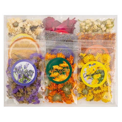 Natural Dried Flower and Fruit Kit for DIY Crafts - Includes White Chrysanthemum Orange Forget-Me-Not Rose Petals Lavender Golden Chamomile Jasmine Osmanthus and Yellow Chrysanthemum