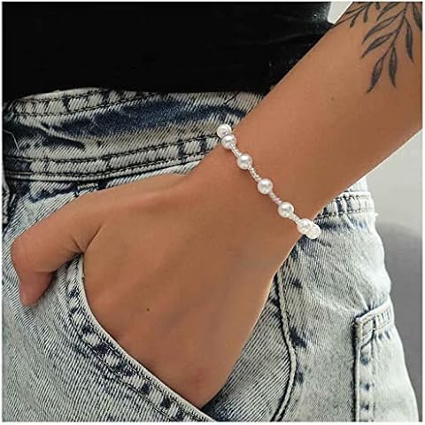 Allereya Boho Station Pearl Bracelet Pearl Chain Bracelet Tiny Pearl Beads Bracelet Crystal Stone Bracelet Hand Chain Jewelry for Women and Girls Cover