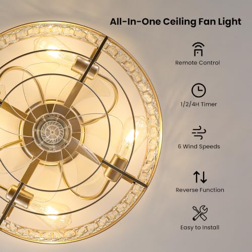 Image of Gold Crystal Fandelier Ceiling Fans with Lights, 20 inch Gold Flush Mount Ceiling Fan with Light Remote Control, Caged Mid-Century with 6 Speeds for Living Room Bedroom Nursery