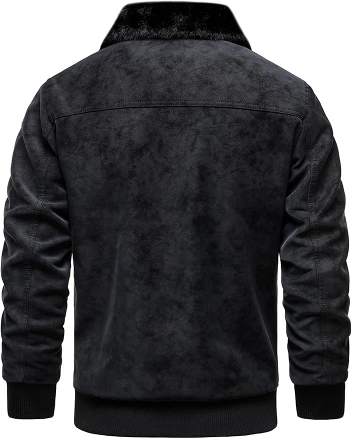 Image of Blaq Ash Men's Faux Suede Bomber Jacket, Fur Collar, Fleece Lining