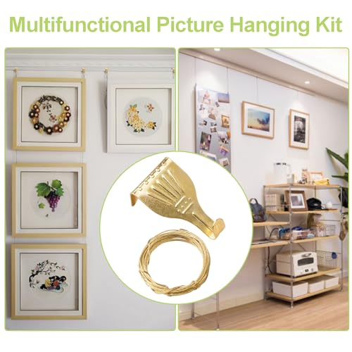 Image of Picture Hanging Kit - 13pcs Brass Plated Hooks & 3 Rolls 3M Wires for Wall Display & Exhibition