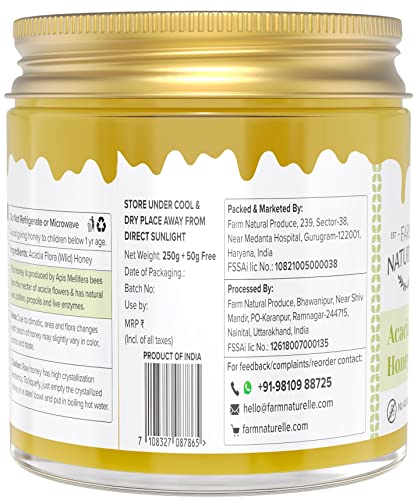 Image of Farm Naturelle Acacia Flora Wild Honey 300g |100% Pure Honey | Raw & Unfiltered|Unprocessed|Lab Tested Honey In Glass Jar with Engraved Virgin Wooden Spoon