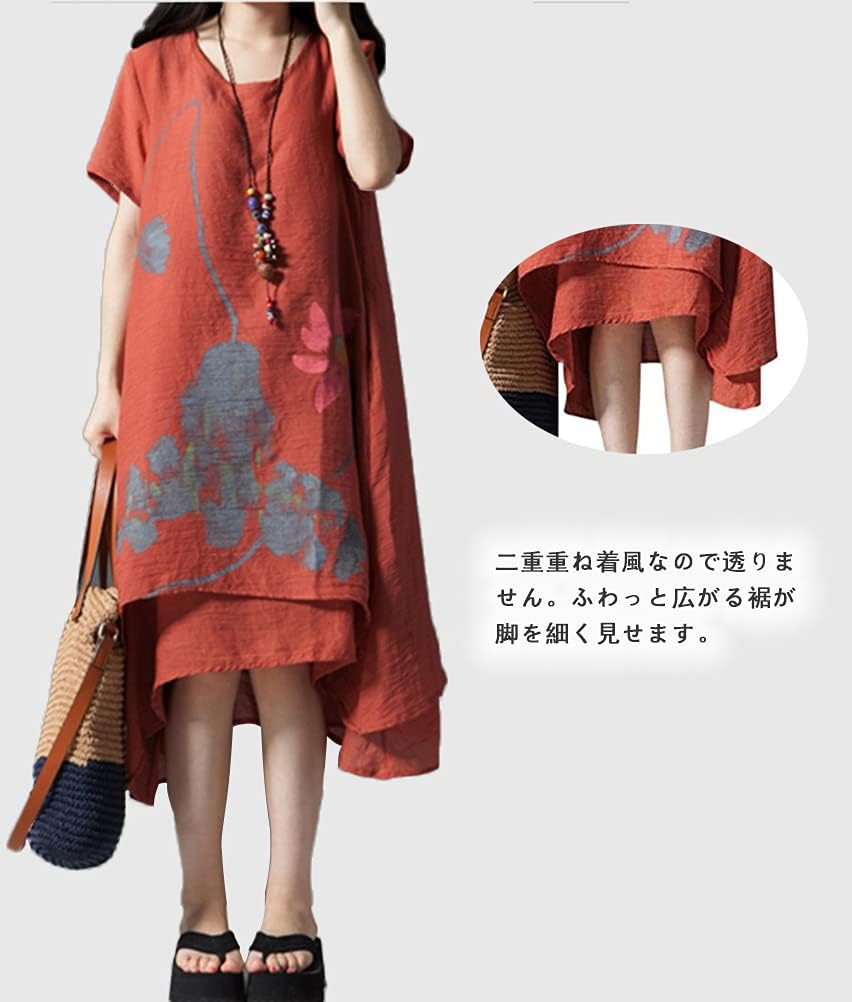 [Ｍｉｎｅｓａｍ] ワンピース レディース 夏 半袖 花柄ワンピース ゆったり 綿麻風 シンプル 森ガール 体型カバー