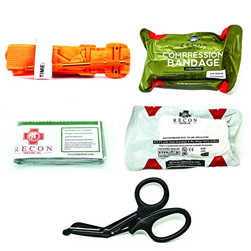Includes Recon Medical GEN 4 Orange Tourniquet, Shear, Gauze, 4 Inch Bandage and Emergency Blanket in Vacuumed Seal Bag