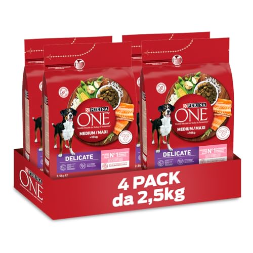 PURINA ONE Medium Maxi Crocchette per Cani Adulti con Salmone e Riso 4 Sacchi da 2.5kg