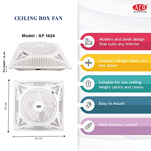 Image of ACO Decorative Cassette Ceiling fan AP1624 for Home and Office with Remote control l Rotating Grill l Anti Rust Body (White) (AP1624-R)