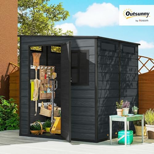 Outsunny 6' x 6' Outdoor Storage Shed with Floor, Wood-Effect Garden Shed with Lockable Doors and Windows for Backyard, Patio, Garage, Lawn, Dark Grey - 1