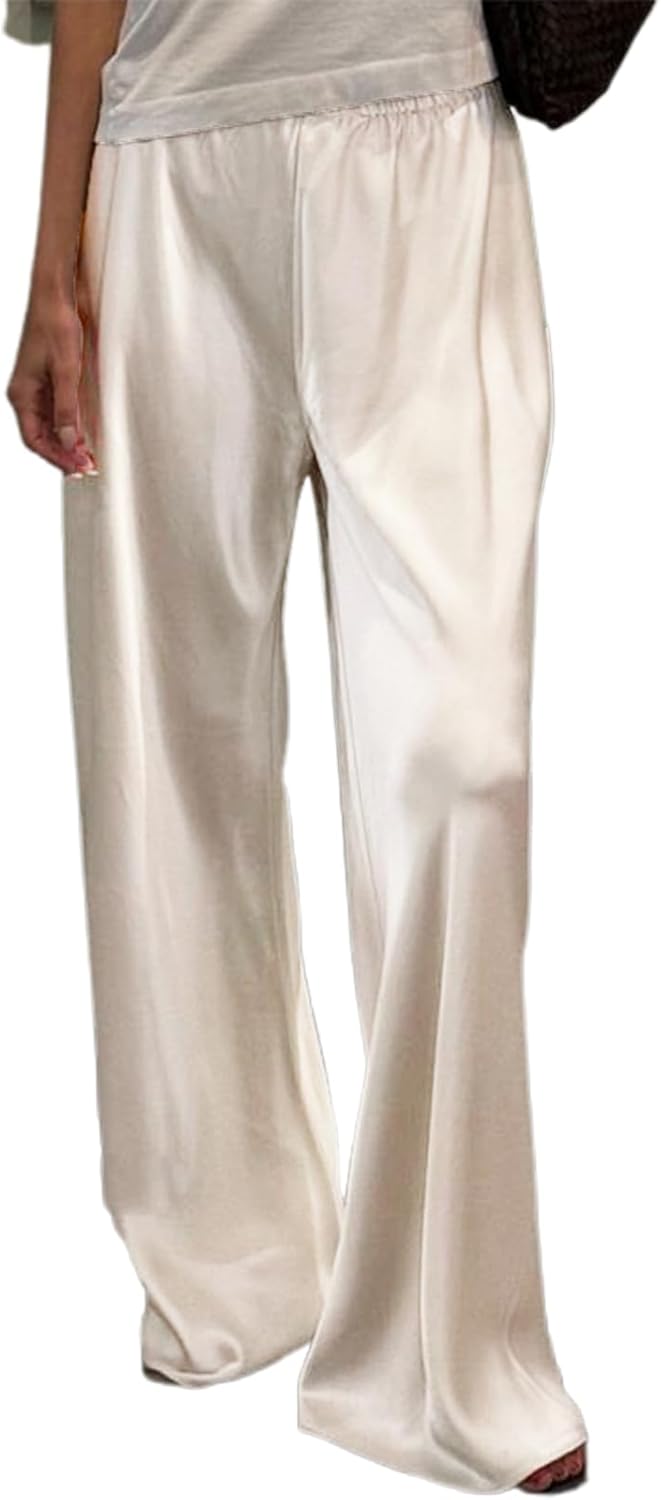 Women Y2K Satin Wide Leg Pants Casual Elastic High Waist Solid Loose Fit Lounge Pants Office Ladies Work Trousers