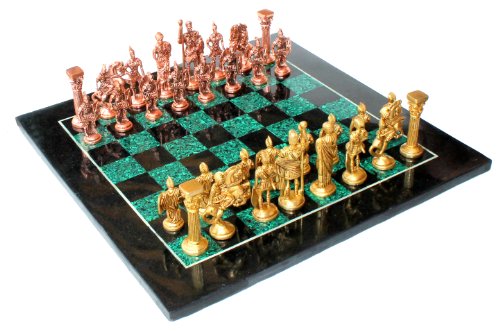 StonKraft Collectible Black Marble and Malachite Stone Chess Board Set + Brass Roman Chess Pieces Pawns - Decorative Stone Chess - Home Décor - 15