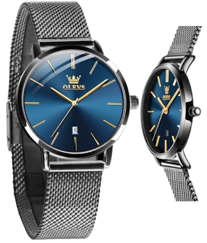 OLEVS Black Watches for Women Small Wrists Blue Face Stainless Steel Waterproof Womens Watch Date Women's Wrist Watches Petite Ultra Thin Minimalist Women’s Watch Reloj para Mujer