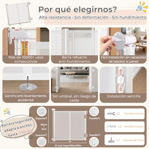 Miniatura 3 de Ycozy 2026 Barrera Seguridad Niños Extensibles Sin Taladrar 0-150cm Puerta Seguridad Bebé Retráctil Con Poste De Refuerzo Valla Seguridad Infantil Para Escaleras, Pasillos, Interiores Y Exteriores