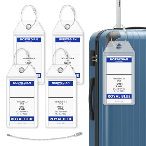 Norwegian Cruise Line Luggage Tag Holders (4 Pack) - fits NCL Print at Home Tags 2026-2027 sailings. Clear Waterproof PVC with Steel Loop Fasteners. Cruise Essentials