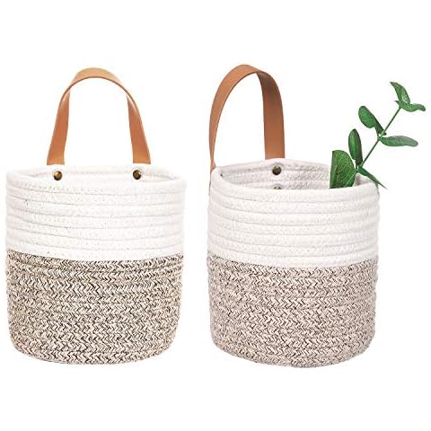 2pack Small Hanging Basket-Cotton Rope Wall Basket with Handle, Hanging Storage Basket, Shelf Baskets Storage Bin Closet Organizer 6"×6.3", Woven Plant Basket - (White & Brown) Cover