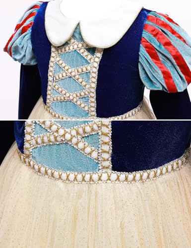 Girls' Velvet Dress with Sequin Mesh,Snow White Dresses,and Bow Headband,Autumn and Winter,Blue3