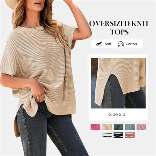 Rotateepic Loose-Fit Crewneck Knit Pullover Top, Short Sleeve Womens Causal Tunic Tops Lightweight Summer Sweaters4