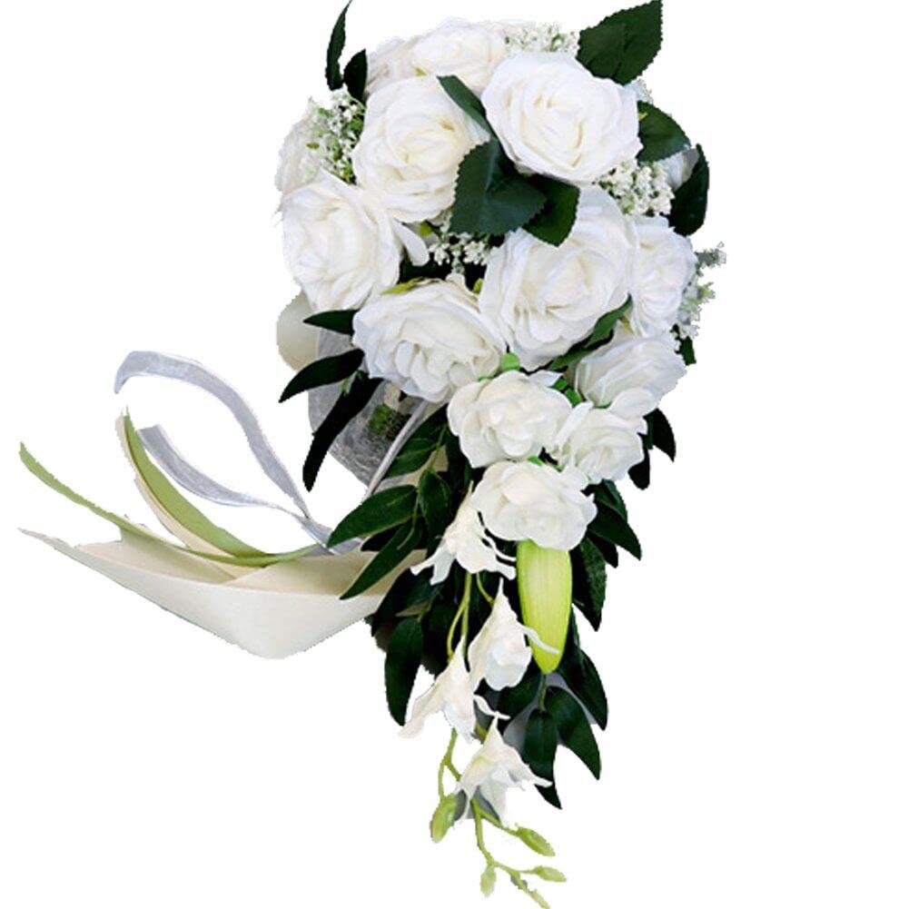 Sanfly Wedding Waterfall Bouquets for Bride Bridal Holding Artificial Bouquets Hand Made Roses for Wedding Ceremony Decoration