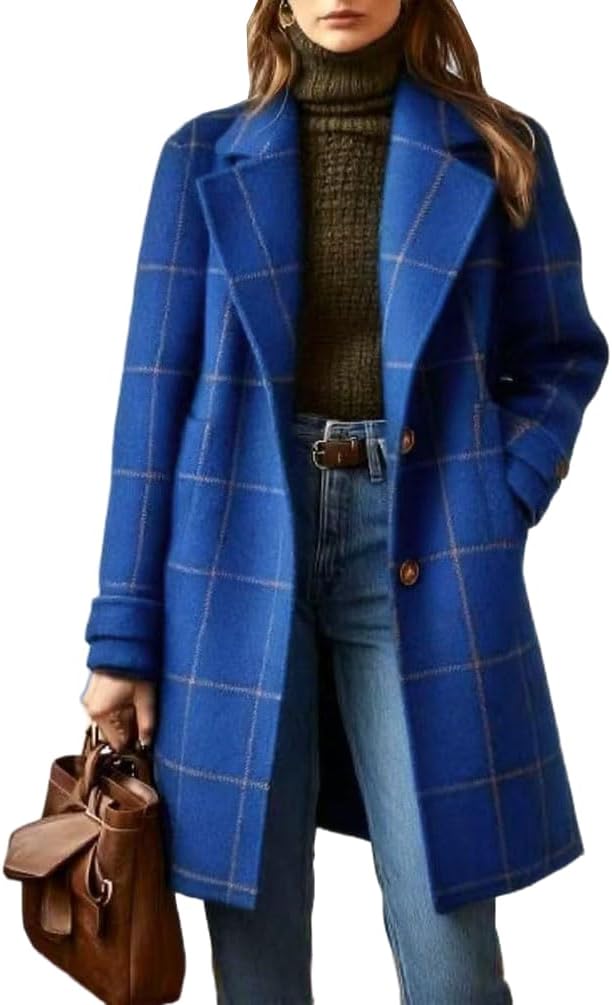 Long Plaid Wool Coats for Women Fall Winter Trench Coat Casual Blazer Jacket Peacoat Cardigan Overcoat