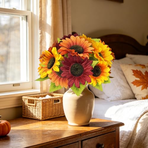 Image of 9PCS Sunflower Fall Artificial,Fake Silk Orange Red Yellow Sunflower | 13.8 inch Autumn Artificial Flowers for Fall Home Decor, Baby Shower, Wedding Decor and Cemetery Flowers Decor