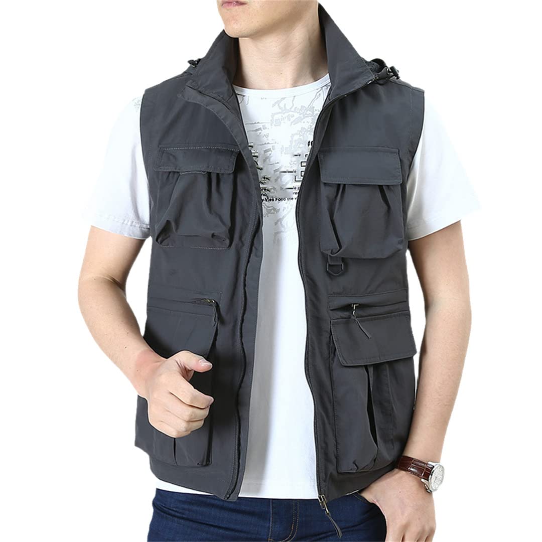 Gilet da pesca multitasche da esterno da uomo con cerniera e gilet da pesca traspirante Gray Xxl