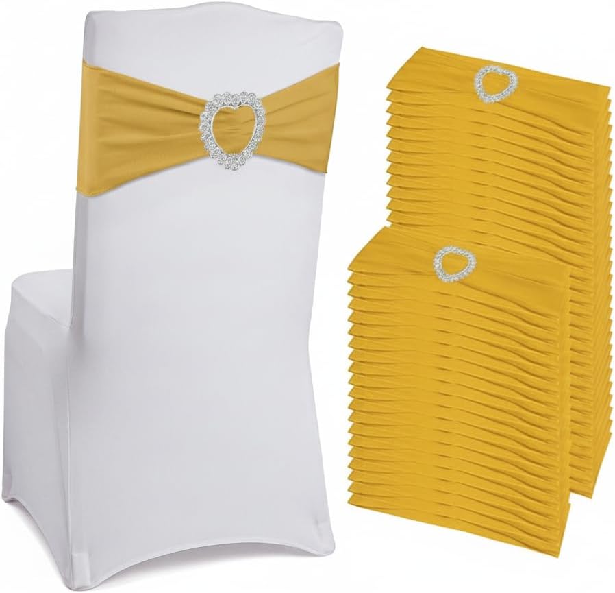 150 Pieces Chair Sashes & Bows - Stretch Spandex Chair Cover Band with Buckle for Wedding, Hotel Banquet, Birthday Party & Home Bulk Decorations (Gold)