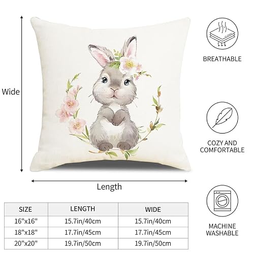 BYONEESS Easter Pillow Covers 18x18 Inch Set of 2 Easter Pillowcase Bunny Rabbit Decoration Easter Day Premium Linen Throw Cushion Case Resistant Home Decor for Bed Sofa and Car — view 2
