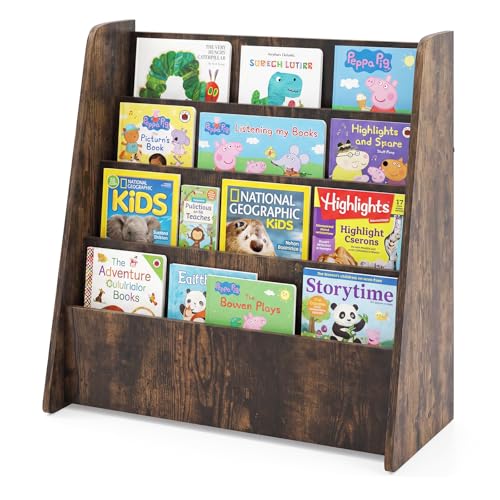 Image of HONEY JOY Kids Bookshelf, 5-Tier Wooden Toddler Bookcase, Children Book Rack & Magazine Display Shelf, Toy Storage Organizer, Book Shelf for Kids Rooms, Playroom, Nursery, Classroom (Brown, 4 Tier)