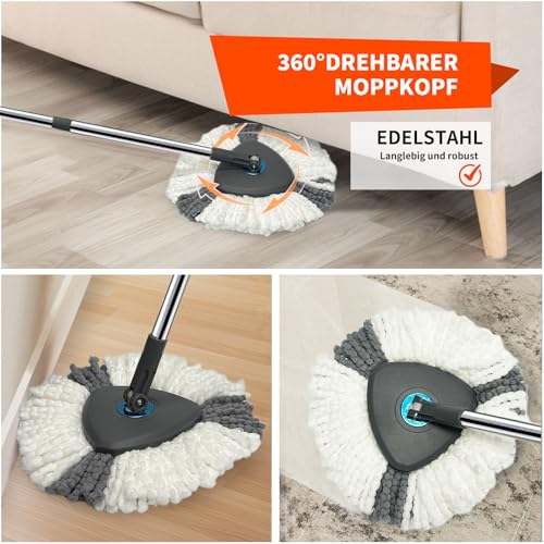 Wischmopp Set mit Eimer, Bodenwischer Komplett Set mit verstellbarem Edelstahlstiel & Fußpedal, faltbarem Putzeimer mit Auswringfunktion 3 Mikrofaser-Pads freihändiges Auswringen für Laminat(Hellgrau)