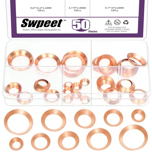 Swpeet 50Pcs 5 Sizes Copper Flare Gasket Assortment Kit, 45 Degree Flare Gaskets for 1/4